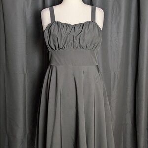 Women’s Vintage Sleeveless Solid Ruched Flowy Swing Charcoal Midi Dress